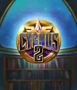 Explore the enchanting artwork of Cygnus 2 Slot by ELK Studios, featuring a luxurious golden emblem with a shining purple and gold design. Set against a celestial background of a library, this graphic captures the spirit of exploration and mystery. 